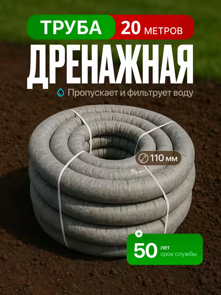 Дренажная труба 110 мм с перфорацией в фильтре М100 - 20м.п. (пропускает и фильтрует воду)